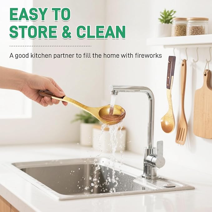 Wooden Soup Ladle – Beech and Walnut Handle Kitchen Utensils for Serving Soup, Sauce, and Pancake Batter – Handcrafted Cooking Ladles for Everyday Use – Durable Wood Design