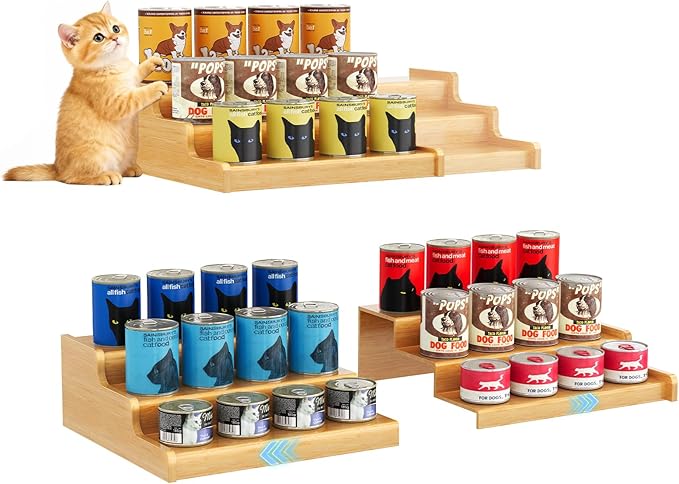 Expandable Bamboo Cat Food Can Storage for Pantry, 3-Tier Adjustable Can Organizer Shelf for Pet & Human Cans, Canned Goods & Food Storage for Cabinets, Holds Up to 24 Cans (Patent Pending)