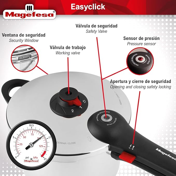 Magefesa EasyClick Stainless Steel Pressure Cooker Set, 4.2 & 6.3 Quarts – Easy One-Hand Opening, 2 Cooking Modes, Works on All Stovetops