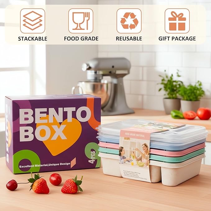 Bento Box Adult Lunch Box 5 Compartment Snack Containers for Kids, Stackable Lunch Containers Food Storage Box- Reusable Snack Container Box for School, Work, Travel, BPA-Free (4 Pack)