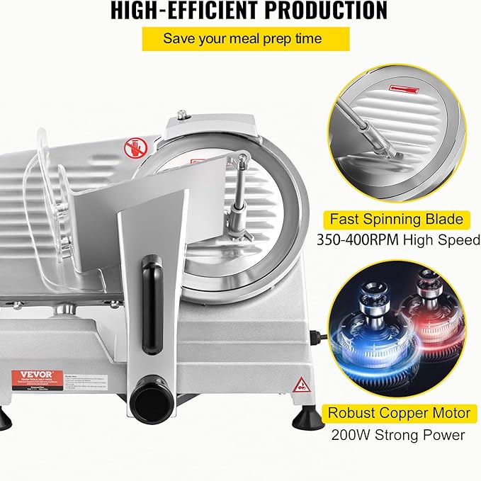VEVOR Commercial Meat Slicer, 200W Electric Deli Food Slicer, 0-12mm Adjustable Thickness Electric Meat Slicer, 350-400RPM Slicer with 8.7'' Chromium-plated Steel Blade for Home & Commercial Use
