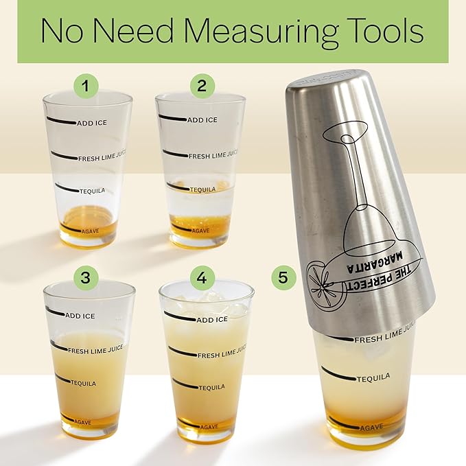 The Perfect Margarita | Easy to Use Margarita Cocktail Shaker Kit | Single & Double Recipes | No Jiggers or Measuring Tools Needed | Bartender Quality Shaker and Hand Juicer | Home Bar Accessories