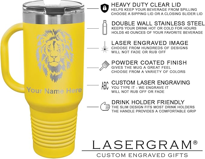 LaserGram 40oz Vacuum Insulated Travel Mug with Handle, Sushi, Personalized Engraving Included (Yellow)