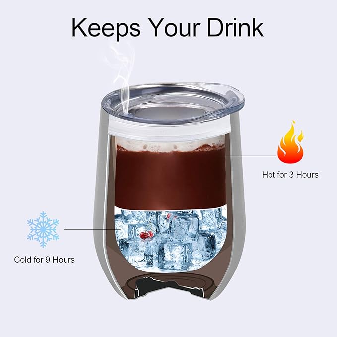 12 Pack Stainless Steel Wine Tumblers, 12Oz Double Wall Vacuum Insulated Wine Tumblers with Lids and Straws, Stainless Steel Stemless Wine Glasses for Coffee, Wine, Cocktails, Champaign, Silver