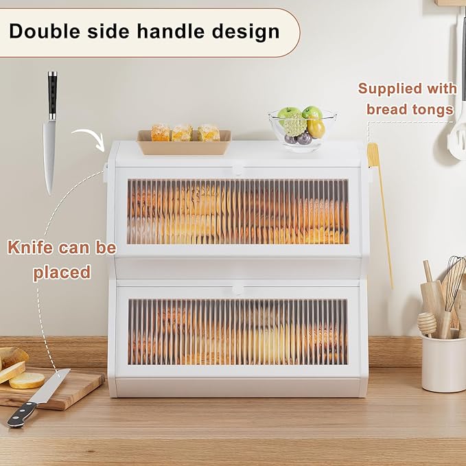 WOWLIVE Double Layer Bread Box for Kitchen Countertop, Large Bamboo Bread Storage Container for Homemade Bread, Farmhouse Bread Holder for Kitchen Counter Cabinet, Pantry, (White, Extra Large)