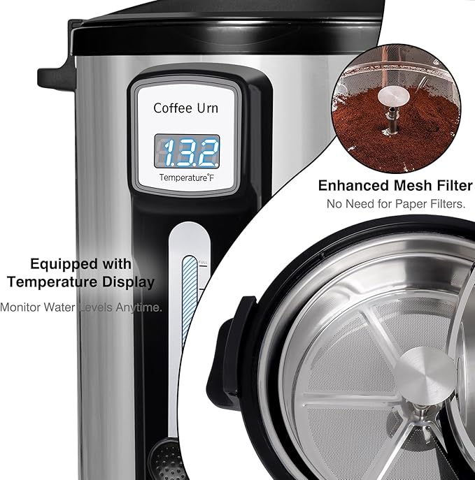 100-Cup Commercial Coffee Urn – Upgraded Even-Brew Showerhead & Filter – Double-Wall Stainless Steel Percolator with Keep-Warm Function (Coffee Urn)