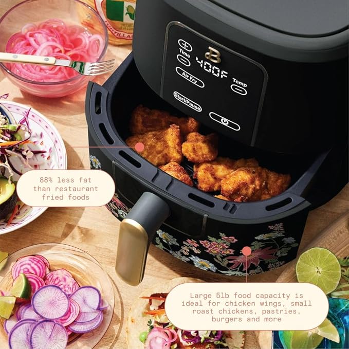 Beautiful by Drew Barrymore 6-Quart Digital Air Fryer, TurboCrisp Technology, Touch-Activated Display, 1750W, 90–400°F, Dishwasher-Safe Basket (BLACK WILDFLOWER)