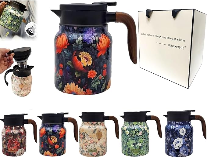 Vintage Floral Pattern Teapot, Doresty Tea Pot, Vintage Floral Pattern Tea-Built-In Infuser, Stainless Steel Thermal Carafe with Lid for Hot Drinks (Orange, Wooden handle)