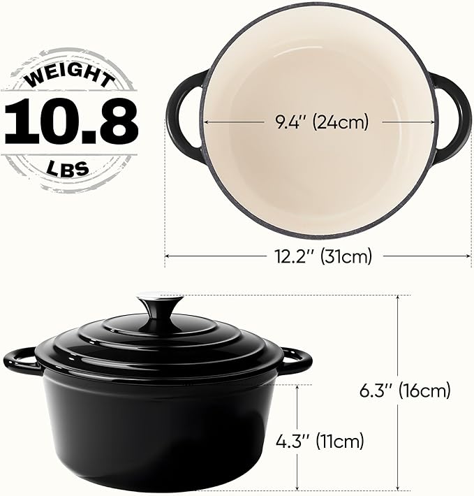 4.5 Quart Dutch Oven Pot with Lid, Non Stick Enameled Cast Iron Dutch Oven for Bread Baking,Heavy-Duty, Oven Safe Ceramic Cookware Up to 500°F for Baking, Braising, Stews, Roasting, Black