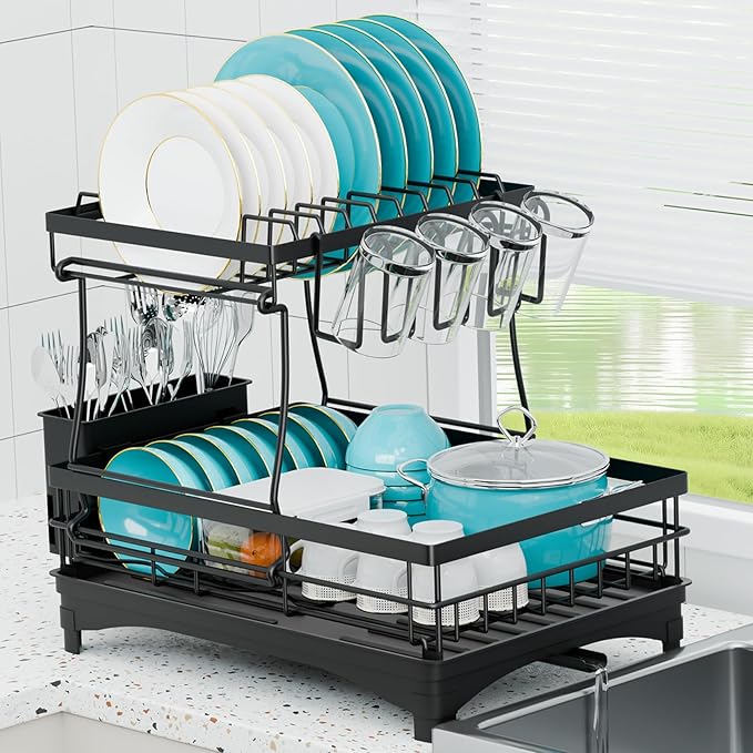 Dish Drying Rack 2-Tier, Large Dish Drying Rack for Kitchen Counter, Double Rustproof & Auto-Drain Multifunctional Organizer with Removable Utensil Holder, Cup Holder, for Plates, Cups, Knife fork