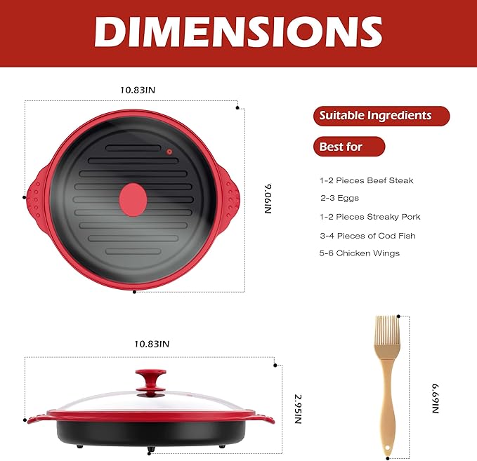 Microwave Grill Pan with Glass Lid, Microwave Griller & Crisper Pan for Grilling, Frying, Browning and Crisping, Multi-Purpose Microwave Cookware for Grill Meat, Sandwich & Vegetable