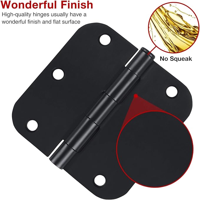 2 Pack Rounded Matte Black Door Hinges 3.5 Inch Interior Room Hardware 3 1/2" 5/8 Radius Apartment Cottage Flat Bungalow Mobile Home Skyscraper Indoor Hinge for Doors Use Renovate Bedroom Kitchen