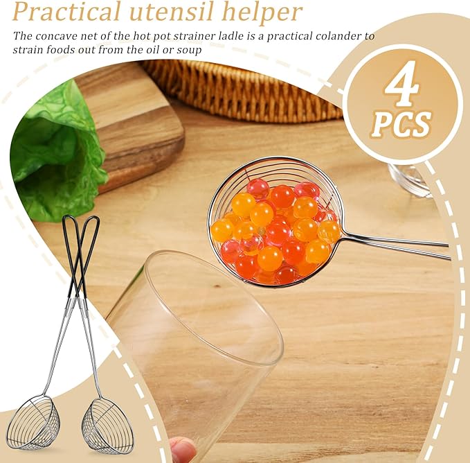 Geiserailie 4 Pieces 6 Pieces Hot Pot Kit Strainer Scoops Stainless Steel 2.5 Inch Mini Spider Strainer Skimmer Pasta Mesh Spoon Asian Skimmer Spoon Ladle with Handle for Home (Black)