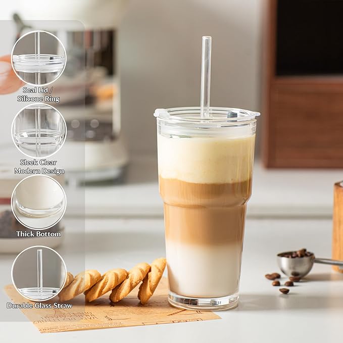 INSETLAN 20oz Clear Glass Cup with Lid and Glass Straw, Set of 2 Thickened Glass Coffee Tumblers, Drinking Glasses with Straw for Smoothie, Tea, Milk, Whiskey, Water and More – Elegant & Durable