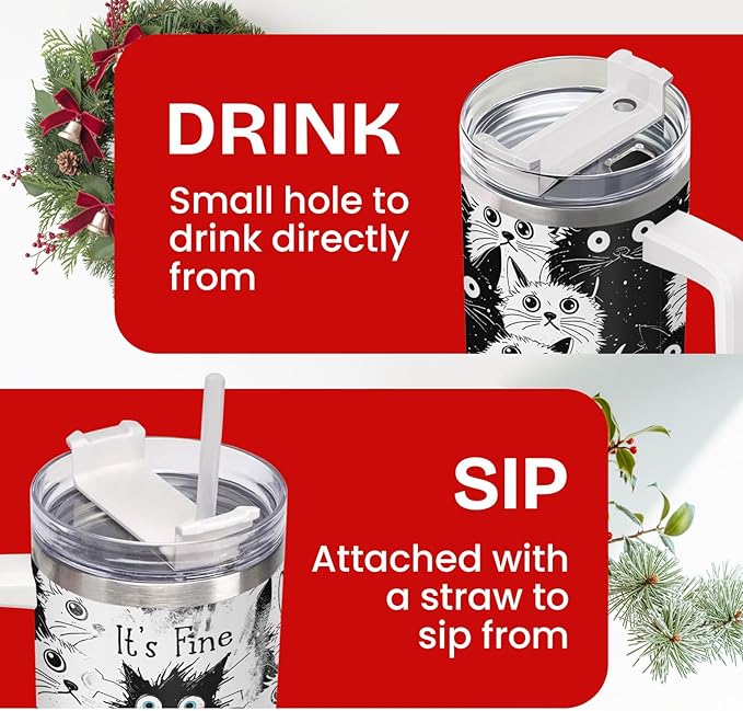 34HD Funny Black Cat Tumbler with Handle and Straw, 40oz Stainless Steel Vacuum Insulated Everything Is Fine Cup, Cat Lover Gifts for Women Birthday Mothers Day Halloween Christmas