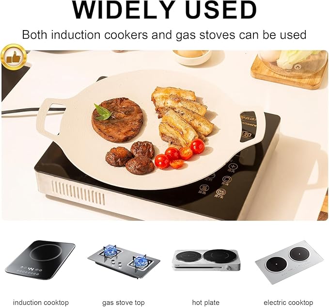 Korean bbq Grill Pan - 13" kbbq Grill ， Round Aluminum GriddleGriddle with Silicon Handles ，Nonstick Skillet Camping Wok for Indoor & Outdoor, Works on Induction, Gas, Electric Stovetops