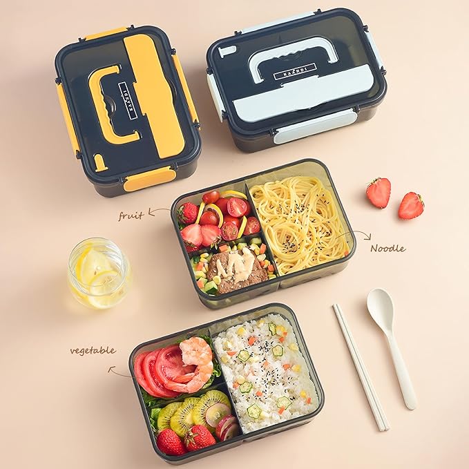 Bento Lunch Box for Adults - 3 Compartment Meal Prep Container With Utensils for Women - Snack/Salad/Sandwich Container - Microwave/Dishwasher Safe, BPA Free (Yellow)