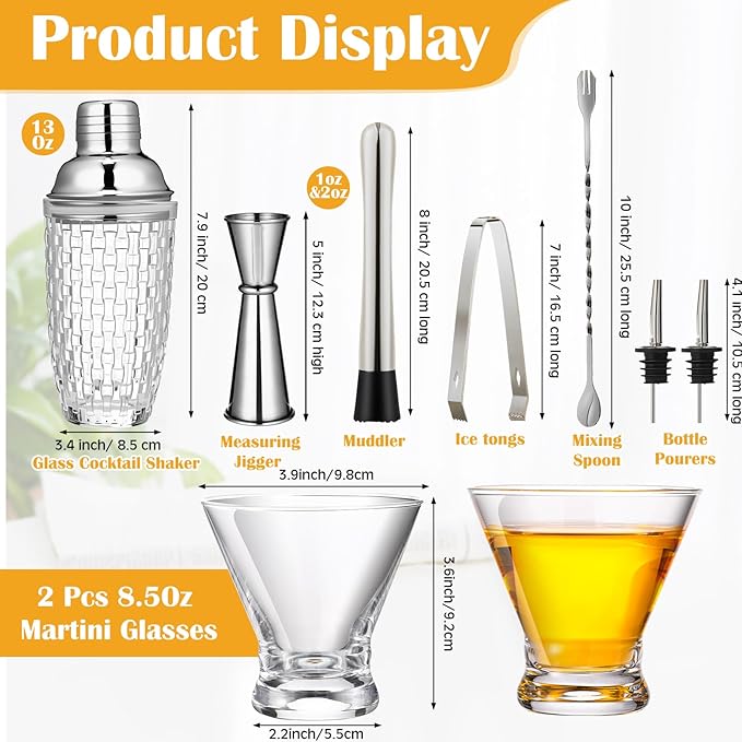 Pickmesh 9 Pcs Cocktail Shaker Set 13 oz Glass Cocktail Shaker with Built-in Strainer, 2 Martini Glasses, Shakers Bartending Drink Mixer Set Drink Mixer Gifts for Dad, Boyfriend, Husband(Silver)