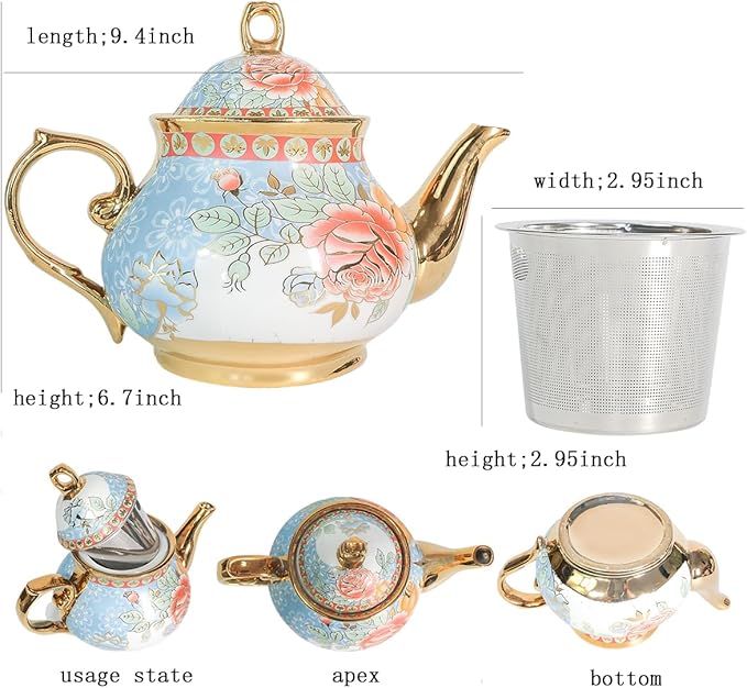 Classic Vintage British Royal Style Ceramic Teapot, 30OZ Large Teapot Perfect for Everyday Gatherings (blue, Large)