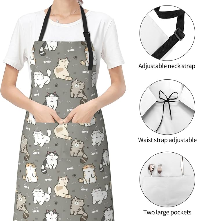 Cute Cat Apron Adjustable with 2 Pockets Cooking Kitchen Aprons for Men Women Outdoors Baking Chef Apron