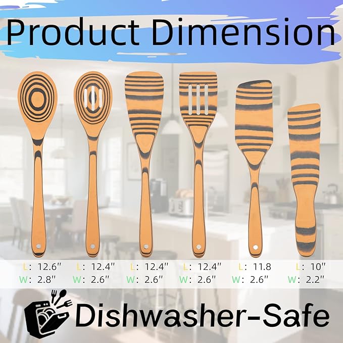 Dishwasher Safe & Maintenance Free Wood Spatulas-Sturdy Wooden Spoons for Cooking, 6-Piece Handcraft Wood Cooking Utensils Set for Nonstick Cookware, Heat Resistant
