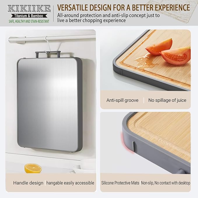 Titanium Cutting Board Double Sided Bamboo Cutting Board for Kitchen Double Sided Food Grade, Pure titanium & Bamboo Cutting Boards, Non-Stick Durable and easy to clean