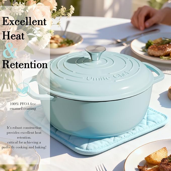 Umite Chef 6QT Enameled Cast Iron Dutch Oven with Lid, Versatile Heavy-Duty Cookware Pot for Baking Bread, Braising, Soups & Stews, Oven & Stovetop Safe with Heat Resistant Gloves（Blue）