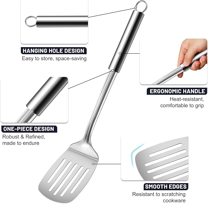 Bestdin Kitchen Utensils Set 12Pcs - Nontoxic Stainless Steel Cooking Utensils, Non-Stick and Heat Resistant Metal Kitchen Gadgets Tools, Cookware, Dishwasher Safe, Mirror Polished