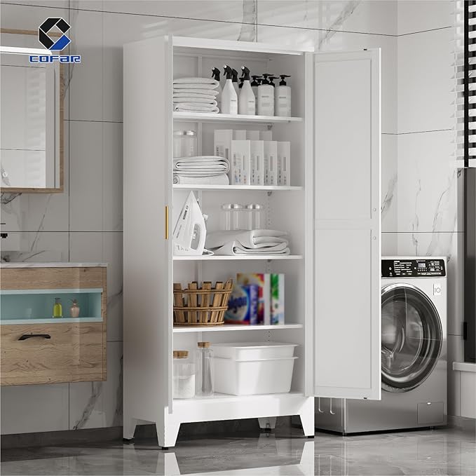 COFaR 71 in Tall Metal Storage Cabinet, Metal Cabinet with 4 Adjustable Shelves and Barn Doors, Farmhouse Cupboard Storage for Kitchen Pantry Garage Laundry, White 5-Tier