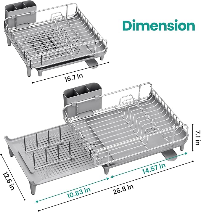 TOOLF Dish Drying Rack - Large Expandable Dish Rack for Kitchen Counter, Stainless Steel Dish Drainer for Kitchen Organization with Cutlery ＆ Cup Holder,Gray