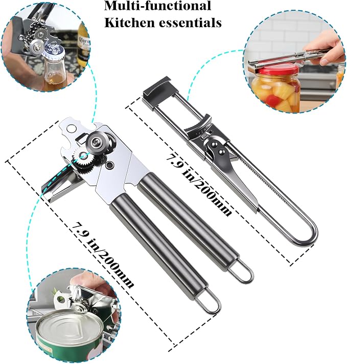 Adjustable Stainless Steel Jar Opener & Magnetic Manual Can Opener Set - Multifunctional Openers for Weak Hands, Seniors with Arthritis, Effortless Jar, Bottle and Can Lid Openers
