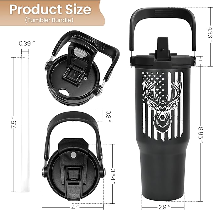 SANDJEST Hunting Gift for Men, Deer Hunting Tumbler with Handle, 30oz Flip Straw Stainless Steel Insulated Coffee Travel Cup, Gifts for Hunter Dad Grandpa on Birthday Christmas Fathers Day