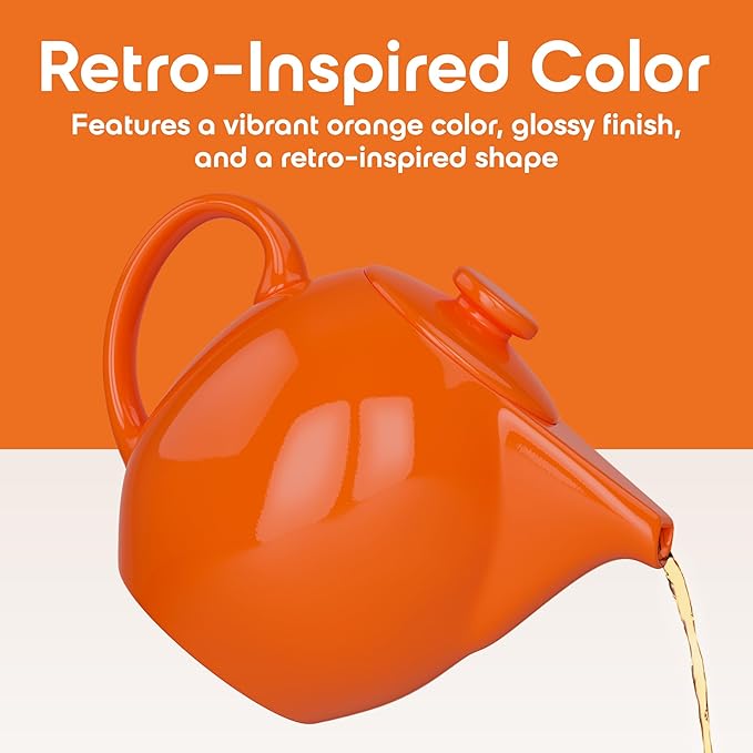 OmniWare 24 Oz Stoneware Teapot with Stainless Steel Mesh Infuser (Orange) - Microwave & Dishwasher Safe, Removable Infuser, Retro-Style Kitchenware Ideal for Loose Tea Brewing