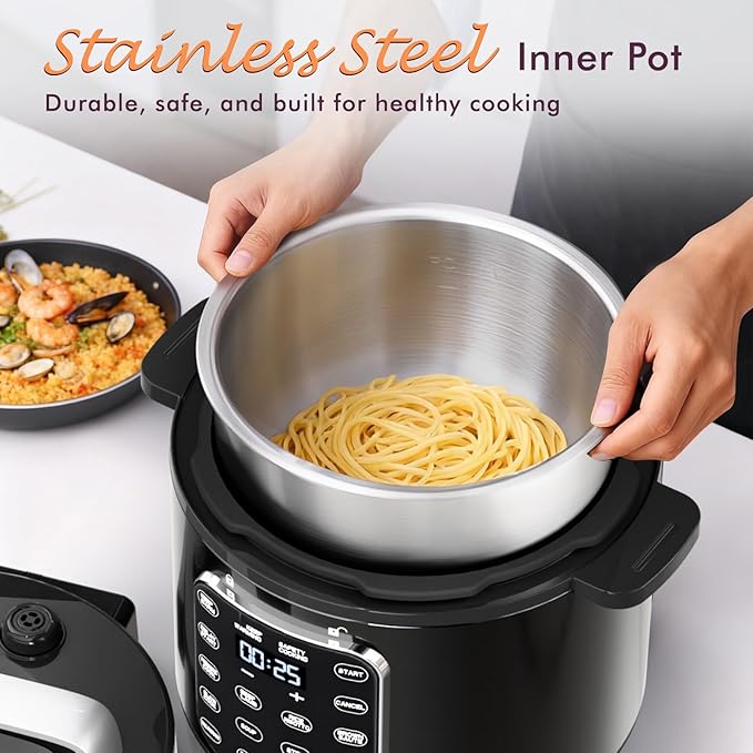 9-in-1 Electric Pressure Cooker 6 Quart Black, Stainless Steel Pot, 12 Preset Functions with Touchscreen, Safe Steam Release, Stew, Slow Cook, Rice, Sauté, Warmer