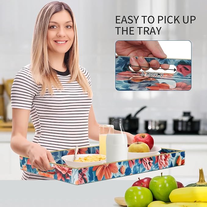 Boho Sturdy Acrylic Serving Tray with Handles,Rectangular Tray for Coffee Table,Food,Breakfast-Kitchen Countertop Tray,Ottoman Tray for Living Room,Plastic Decorative Tray (ART4, 30x40)