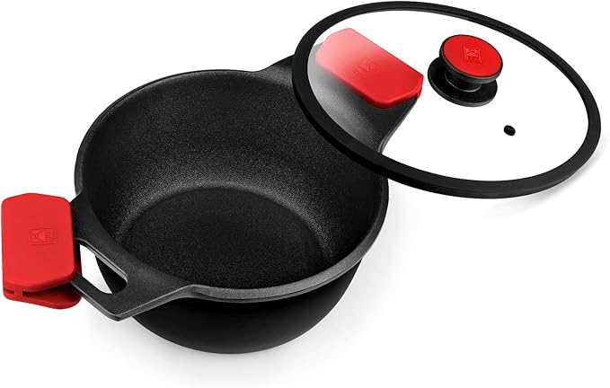 BRA COOKWARE Infinity Nonstick Stock Pot w/Glass Lid | 8 Inch 2.8 Quart Cast Aluminum Cooking Pot | PFOA/PFAS Free Deep Pot | All Cooktops (incl Induction) | Removable Silicone Handle