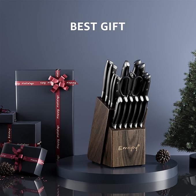 Emojoy Knife Set, 18-Piece Kitchen Knife Set with Block Wooden, Manual Sharpening for Chef Knife Set, German Stainless Steel