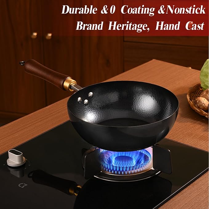 Carbon Steel Wok Pan, 9.5" Woks & Stir-Fry Pans with Glass Lid Cookwares, Nonstick Wok Flat Bottom Small Handmade Chinese Wok For for All Stoves