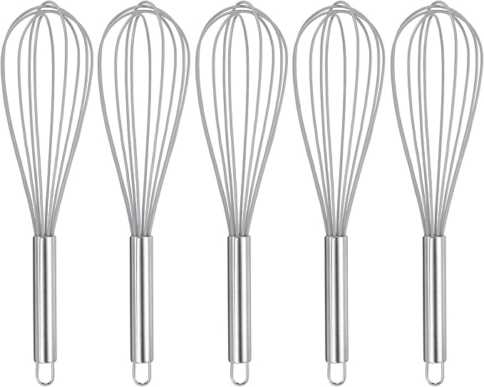 HARFINGTON 5Pcs Silicone Whisk 12" Kitchen Whisk Wire Whisks Beater with Stainless Steel Handle for Egg Milk Whisking Blending Beating & Stirring, Grey