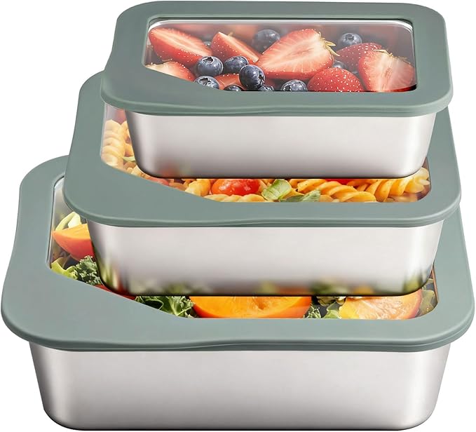 Stainless Steel Food Storage Container with Glass Lids, 3 Pack Nested Lunch Boxes, Airtight Lid Food Container for Sandwiches, Snacks, Meal Prep and Kitchen Storage