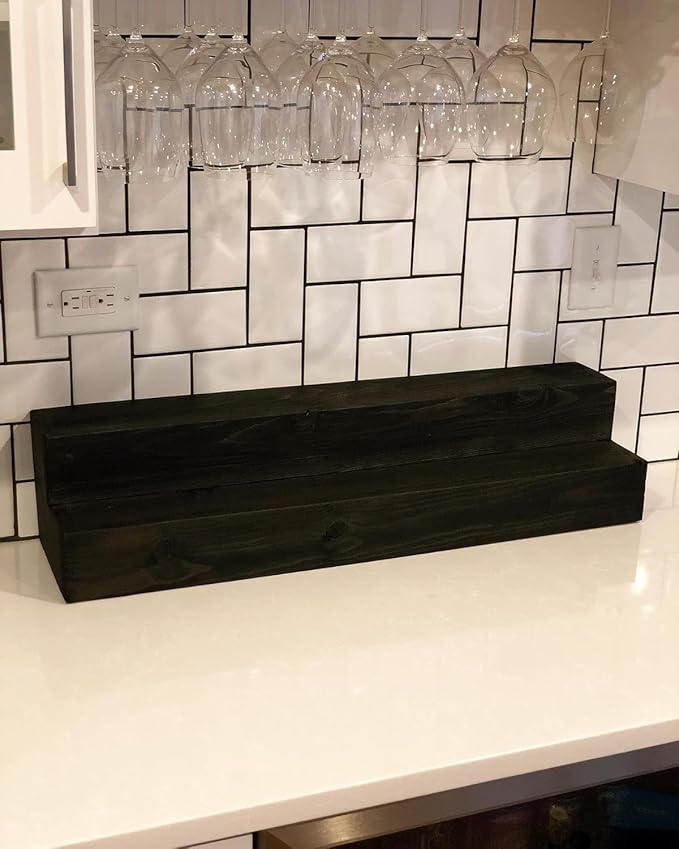 Tiered Bottle Shelf | 2 Tier Liquor Bottle Display | Bar Organization | Display Shelf | Wine Shelf | Bar Display | Kitchen Counter Shelf (24", Black)