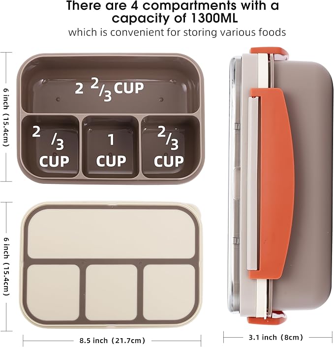 Bento box adult work lunch box, adult container, with 4 compartments, lunch container with cutlery (knife, fork, spoon, sauce box), animal fruit fork, microwave and dishwasher safe, Bee gray