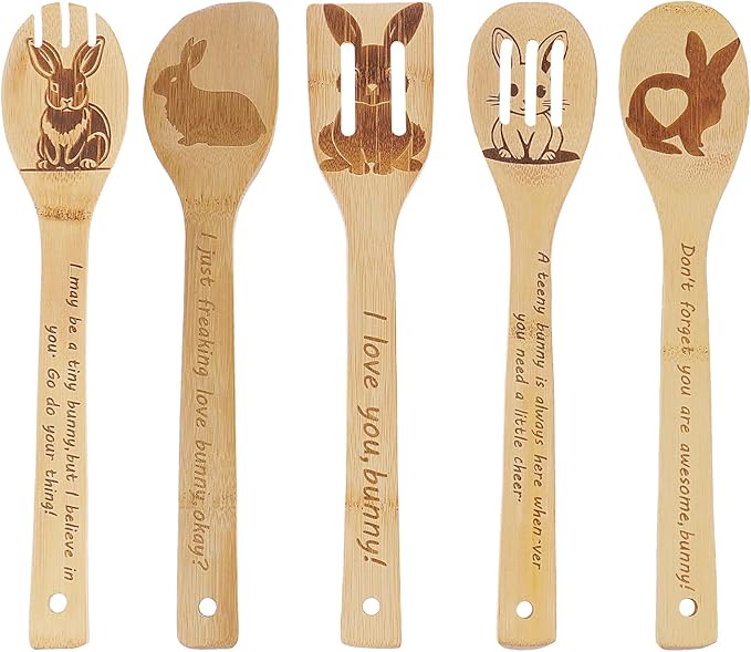 5PCS Rabbit Wooden Cooking Spoons Set Rabbit Gifts for Women Kitchen Decor Bamboo Cooking Utensil Spoons for Housewarming Wedding Anniversary Thanksgiving Christmas Gifts Mom Women