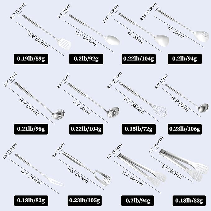 Stainless Steel Kitchen Utensils 12 Pcs, Small Cooking Utensils Set,Spatulas,Ladle,Skimmer,Tunners,Serving Spoon,Spaghetti Spoon,Fork,Potato Masher,Egg Whisk,Tongs,Dishwasher Safe