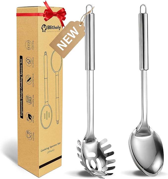2 Pack Stainless Steel Serving Spoon, Heat Resistant Kitchen Noodle Spoon for Cooking, Serving, Mixing and Spaghetti