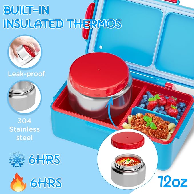 Kids Bento Lunch Box – 12 oz Stainless‑Steel Soup Thermo & 3‑Compartment Leak‑Proof Food Container with Built‑In Ice Pack, Insulated Food Jar for Boys & Girls, School & Travel