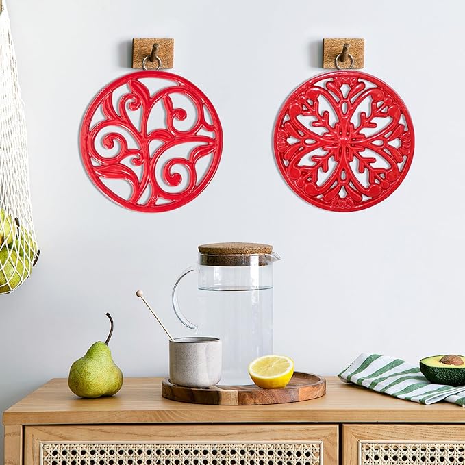 JOGREFUL Cast Iron Trivet Mats, Kitchen Pot Holders to Portect Table/Countertops, Heat Resistant Mats for Teapot/Hot Dishers/Plates, Vintage Mats with Weighted-Base, Vine Pattern, Red