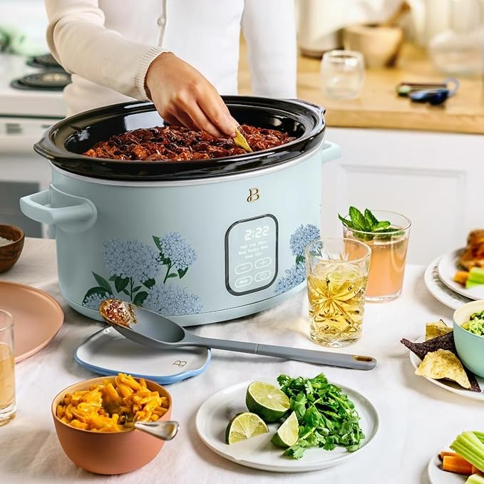 Beautiful 6 Qt Programmable Slow Cooker with Touch Control, Digital Timer and Keep Warm Function – Large Electric pot Capacity Kitchen Appliance by Drew-Barrymore (Hydrangea Floral)