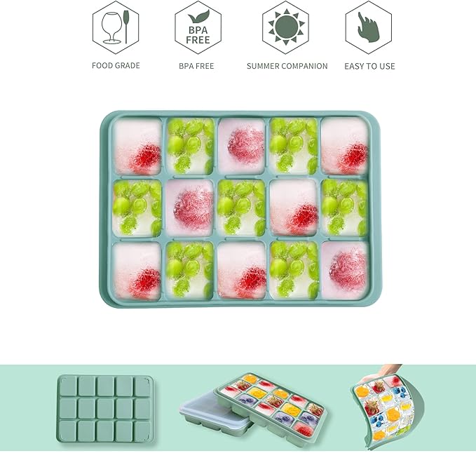 Ice Cube Trays Set of 2, Easy Release 15 Flexible Silicone Ice Cube Molds with Removable Lid Reusable Freezer Ice Trays Stackable for Whiskey, Baby Food, BPA Free (BAMBOO GREEN)