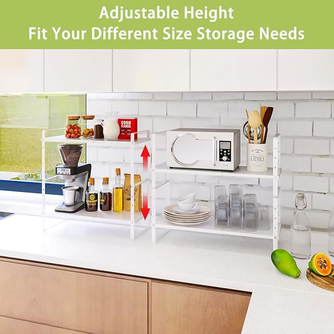 Expandable Cabinet Shelf Organizer Rack, Stackable Kitchen Counter Storage Shelves Stand, Adjustable Height Pantry Shelf Spice Rack (White, 1 Pack)